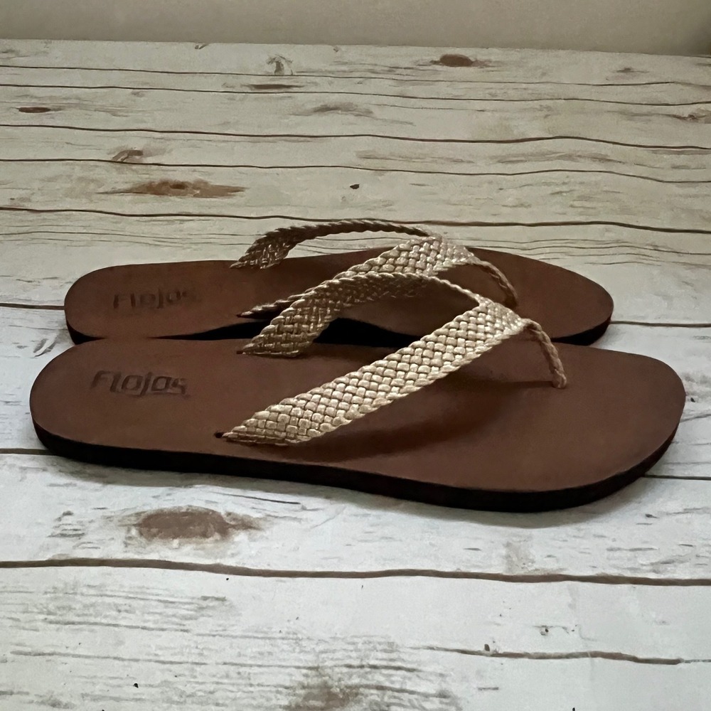 Flojos Flip Flops Brown Gold Braided Thong Sandals  9